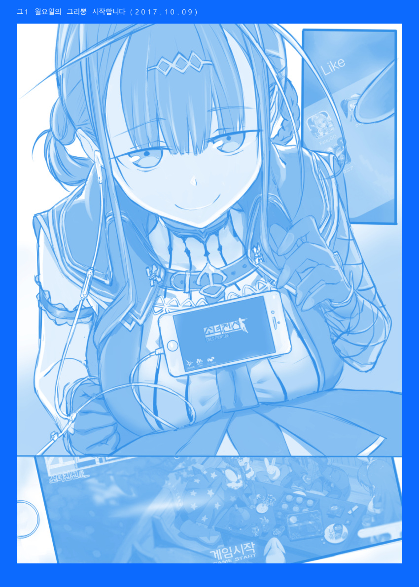 1girl, blue_theme, breasts, cellphone, earphones, fingers, getsuyoubi_no_tawawa, girls_frontline