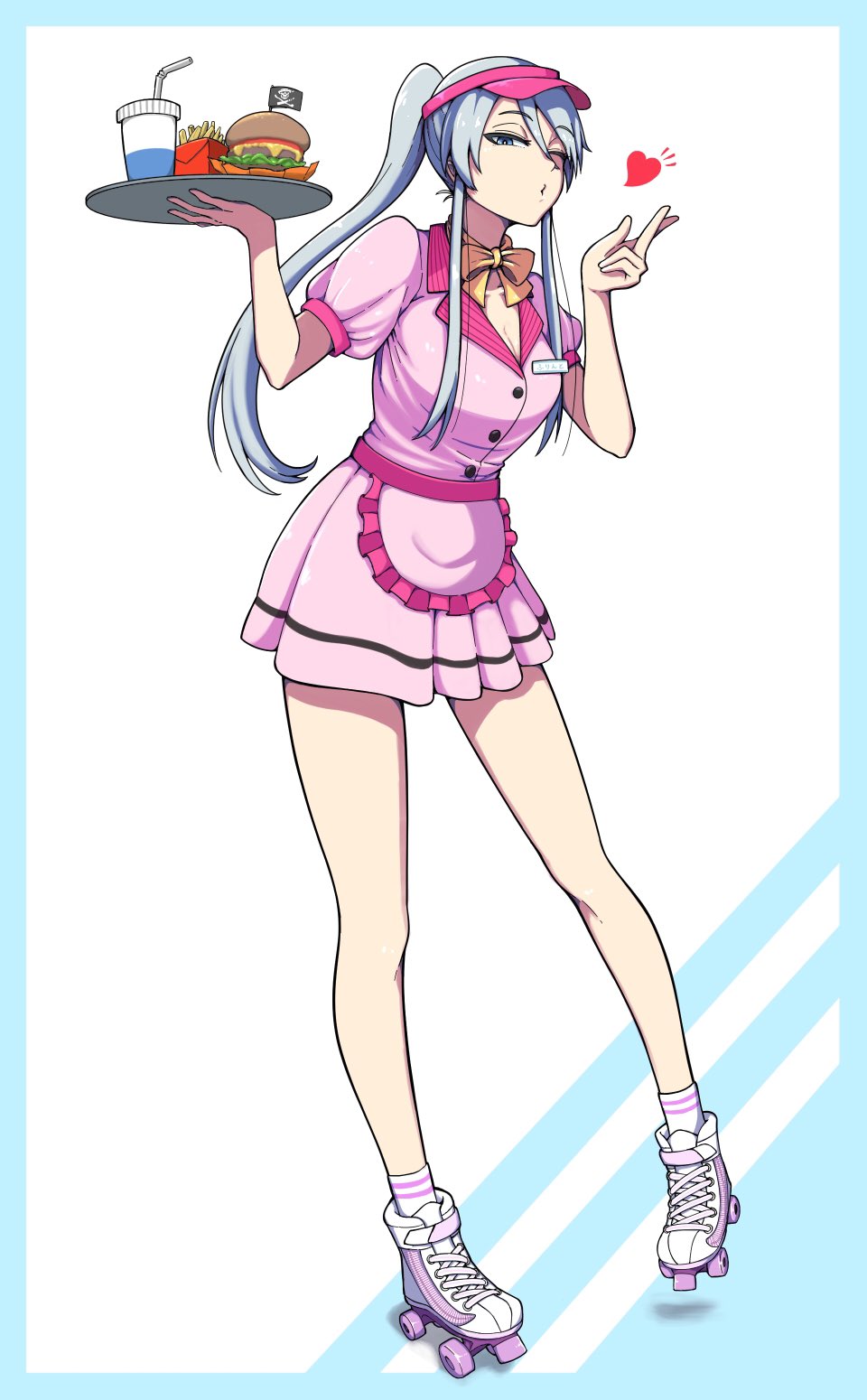 1girl, actas_(studio), apron, bangs, blown_kiss, blue_eyes, bow, bowtie