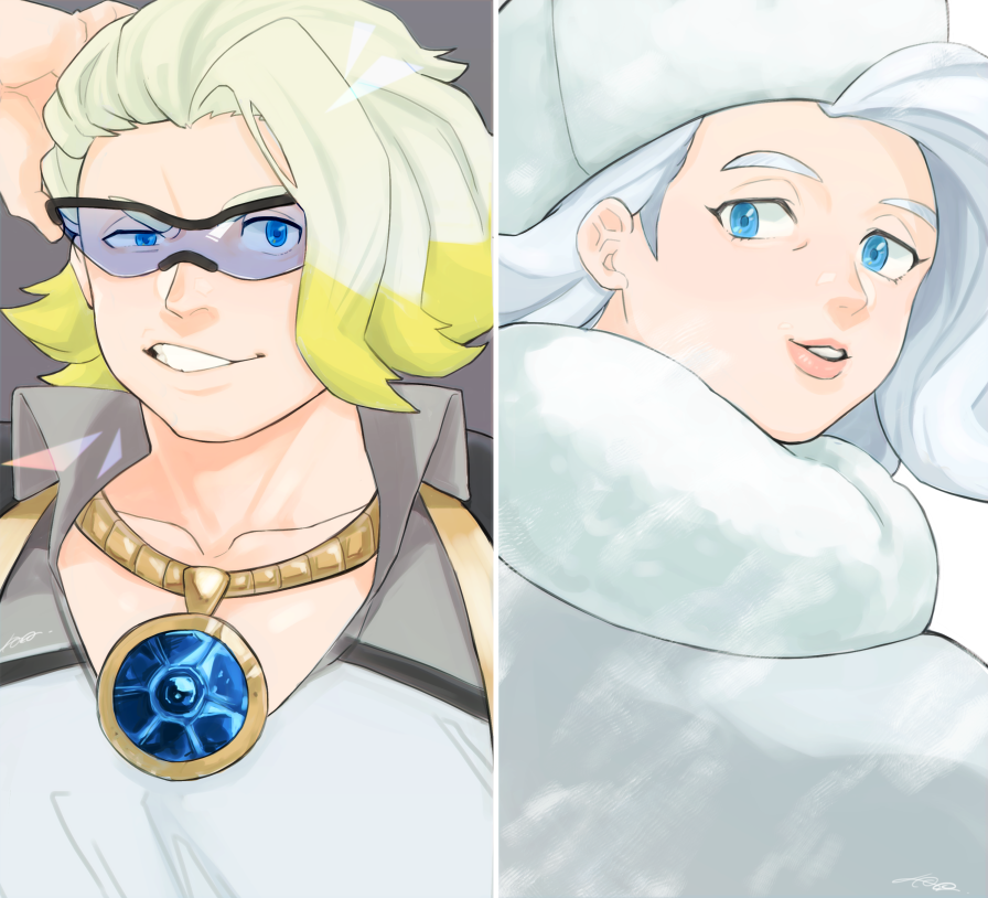 1boy, 1girl, adjusting_hair, blue_eyes, chain, fur_hat, gem, gold_chain, grin, gym_leader, harada_(basashi), hat, jewelry, looking_at_viewer, makuwa_(pokemon), melon_(pokemon), mother_and_son, multicolored_hair, necklace, parted_lips, pokemon, pokemon_(game), pokemon_swsh, smile, sunglasses, two-tone_hair, ushanka, white_hair