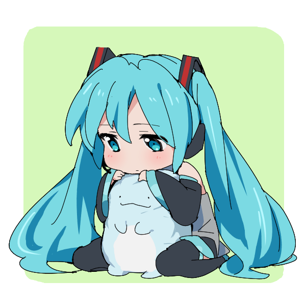._., 1girl, :3, aqua_eyes, aqua_hair, bare_shoulders, black_legwear, black_skirt, black_sleeves, chibi, closed_mouth, commentary, crossover, detached_sleeves, dinosaur, expressionless, green_background, grey_shirt, hair_ornament, hands_on_another's_head, hatsune_miku, head_on_head, headphones, iihoneikotu, light_blush, long_hair, looking_at_another, shirt, sitting, skirt, sleeveless, sleeveless_shirt, smile, sumikko_gurashi, thigh-highs, tokage_(sumikko_gurashi), twintails, very_long_hair, vocaloid, wariza