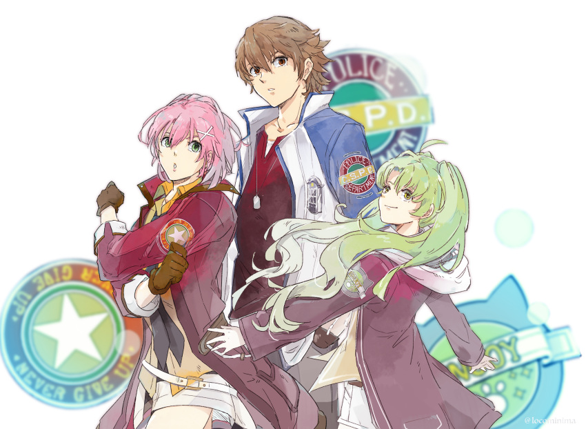 1boy, 2girls, ahoge, ao_no_kiseki, black_neckwear, brown_eyes, brown_gloves, brown_hair, coat, collarbone, collared_shirt, cowboy_shot, dog_tags, eiyuu_densetsu, english_text, gloves, green_eyes, green_hair, hair_between_eyes, hair_ornament, hairclip, highres, hooded_coat, jacket, juna_crawford, kea_(eiyuu_densetsu), leather, leather_gloves, lloyd_bannings, long_hair, long_sleeves, looking_at_viewer, looking_back, miche_(locominima), multiple_girls, necktie, orange_shirt, outstretched_arms, parted_lips, pink_hair, sen_no_kiseki, shirt, short_hair, short_shorts, shorts, smile, thighs, twintails, twitter_username, yellow_eyes, zero_no_kiseki