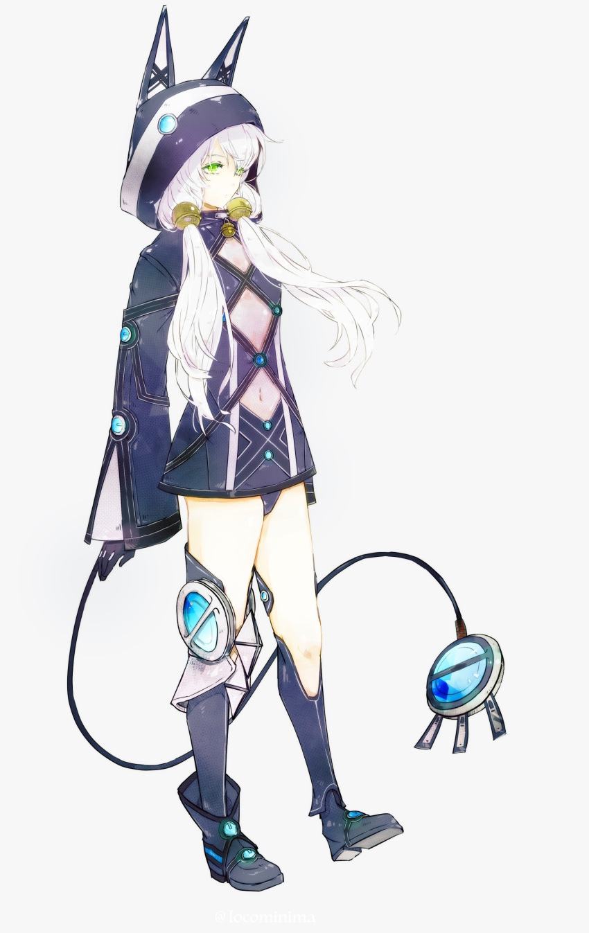 1girl, absurdres, altina_orion, animal_ears, animal_hood, asymmetrical_footwear, bell, black_gloves