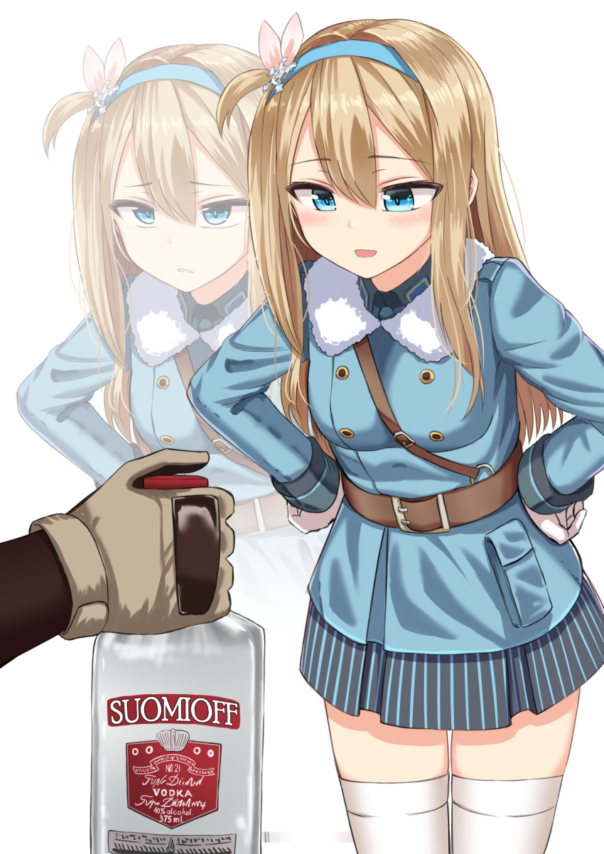 1girl, 9a-91_(girls_frontline), alcohol, belt, black_skirt, blue_jacket, bottle, brand_name_imitation, breasts, brown_gloves, commentary_request, cowboy_shot, frown, fur_collar, girls_frontline, gloves, hair_between_eyes, hair_ornament, hairband, hands_on_hips, highres, holding, holding_bottle, jacket, long_sleeves, looking_down, medium_breasts, miniskirt, parted_lips, pleated_skirt, pouch, projected_inset, rabochicken, simple_background, skirt, smile, smirnoff_(vodka), snowflake_hair_ornament, solo, standing, strap, striped, striped_skirt, suomi_kp31_(girls_frontline), thigh-highs, vodka, white_background, white_legwear, wing_collar, zettai_ryouiki