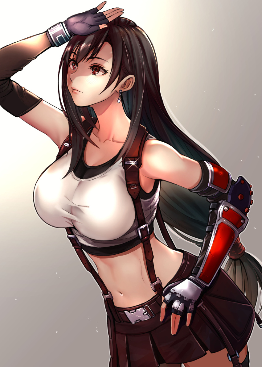 1girl, absurdres, arm_guards, bangs, bare_shoulders, black_gloves, black_hair, black_skirt