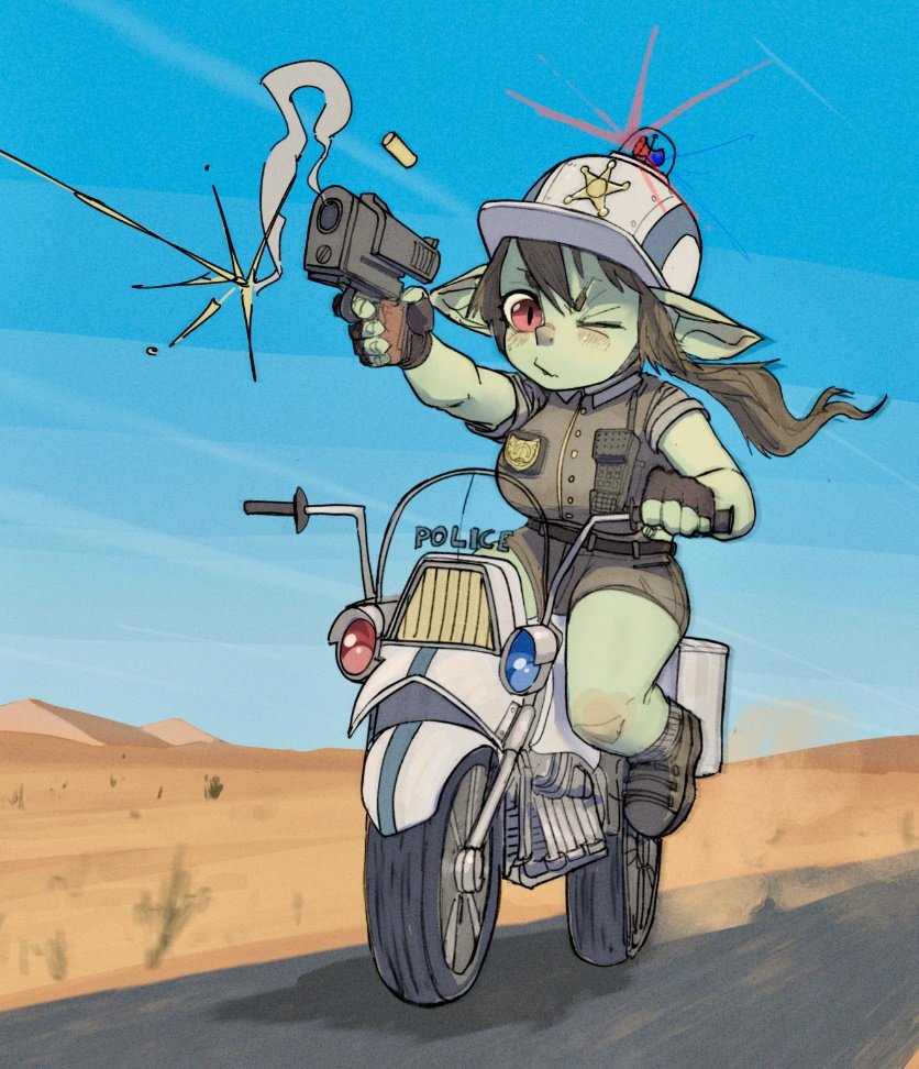 aiming, belt, blush, boots, breasts, brown_hair, buttons, casing_ejection, desert, dust_cloud, female_goblin, fingerless_gloves, firing, gigawix, gloves, goblin, green_skin, ground_vehicle, gun, hair_blowing, handgun, helmet, large_breasts, long_hair, motion_blur, motor_vehicle, motorcycle, one_eye_closed, original, pistol, pointy_ears, police, police_badge, police_uniform, policewoman, red_eyes, rivets, shell_casing, short_sleeves, shorts, smoke, star, uniform, vest, weapon, wince