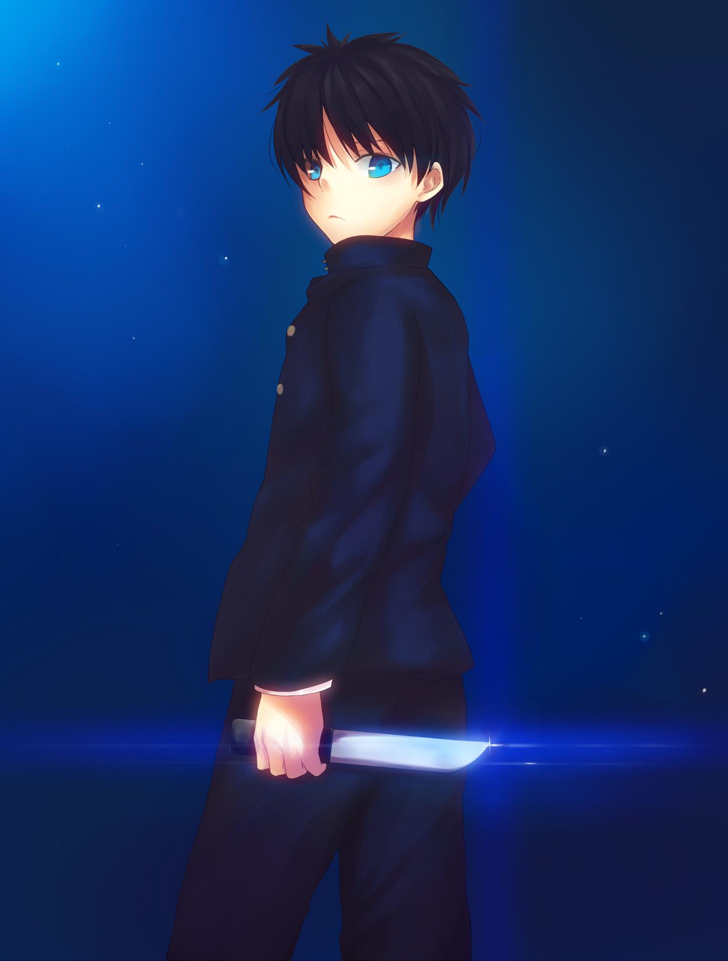1boy, black_hair, blue_background, blue_eyes, commentary_request, gakuran, highres, holding, holding_knife, holding_weapon, iro_(sekaixiro), japanese_clothes, knife, long_sleeves, male_focus, school_uniform, short_hair, toono_shiki, tsukihime, tukihimegoto, weapon