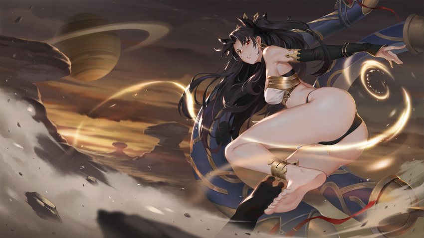 1girl, ass, bare_shoulders, barefoot, black_gloves, black_hair, black_legwear, black_panties