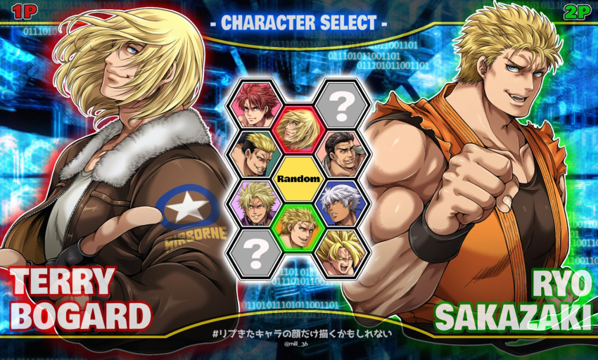 ?, alexander_volg_zangief, bare_chest, blonde_hair, character_select, clenched_hand, crossover, dougi, dragon_ball, dragon_ball_z, fatal_fury, hajime_no_ippo, highres, k', miru_(mill_36), multiple_boys, open_mouth, ryou_sakazaki, ryuuko_no_ken, shen_woo, short_hair, snk, son_gokuu, takuma_sakazaki, tan, terry_bogard, the_king_of_fighters, white_hair, yamazaki_ryuuji