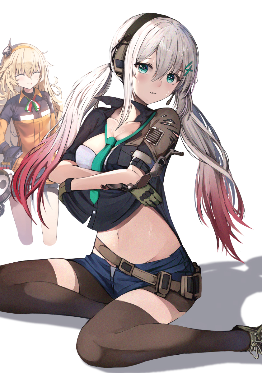 2girls, blacktheif, blonde_hair, closed_eyes, girls_frontline, green_eyes, hair_ornament, hairclip
