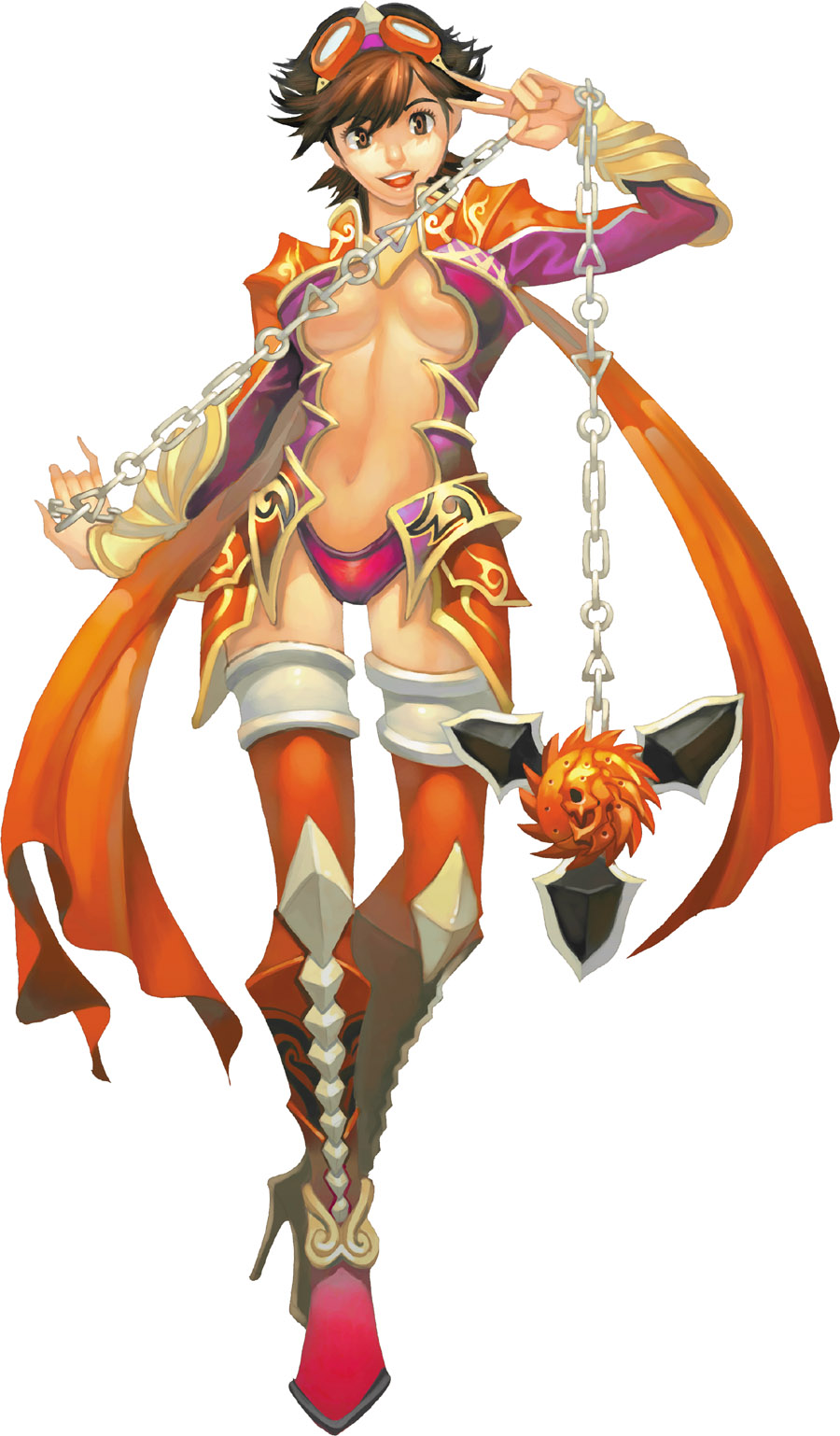 boots, brown_eyes, brown_hair, chain, chains, flyff, goggles, high_heels