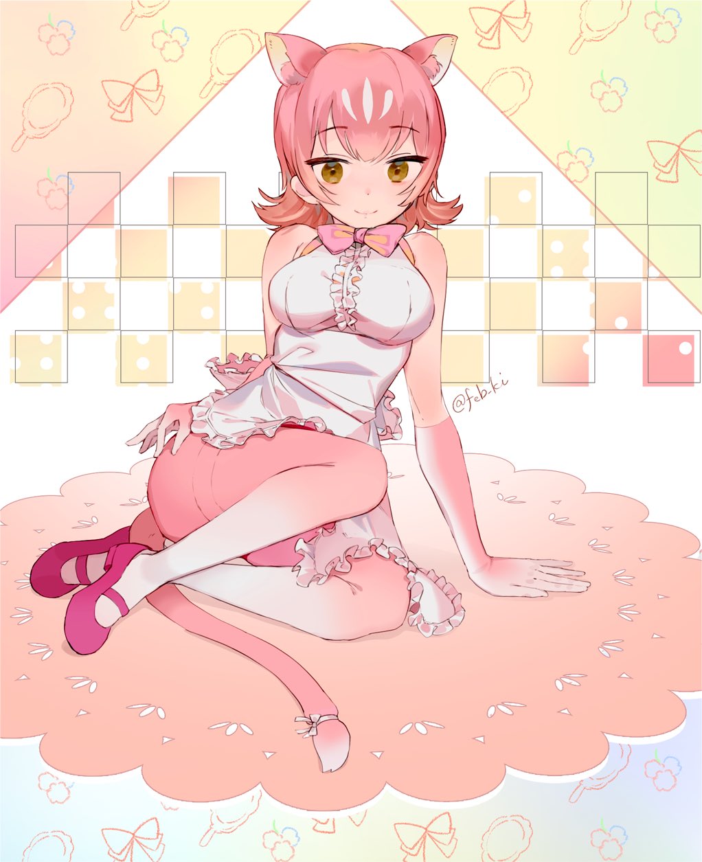 1girl, apron, bare_shoulders, bow, bowtie, commentary_request, elbow_gloves, extra_ears