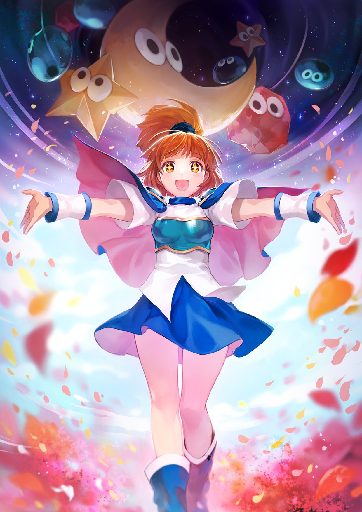 1girl, arle_nadja, armlet, blue_skirt, blush, boots, dress, hakou_(barasensou)