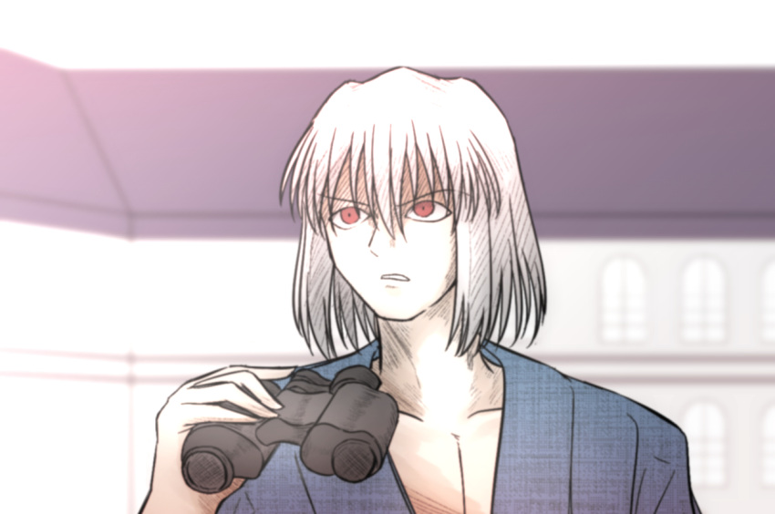 1boy, binoculars, confused, japanese_clothes, male_focus, open_clothes, open_mouth, red_eyes