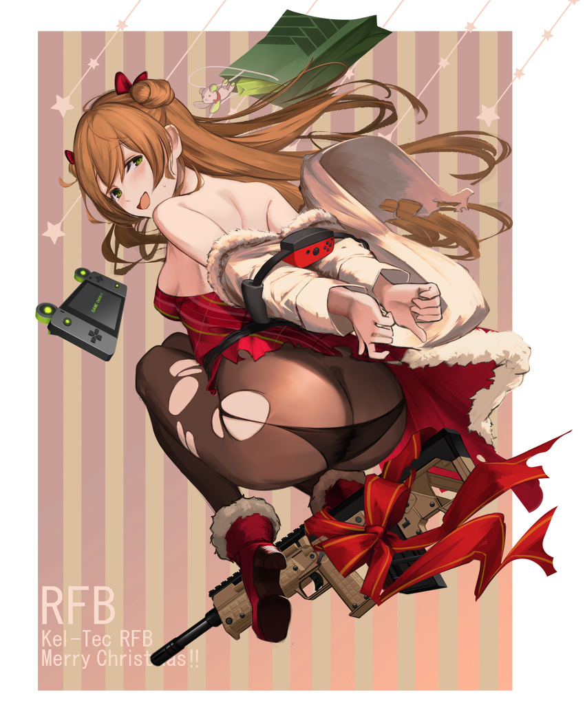 1girl, :d, arms_behind_back, bag, bare_shoulders, black_panties, blush, bound, bound_arms, bow, breasts, brown_legwear, character_name, game_over, game_system, girls_frontline, gun, hair_bow, highres, long_hair, looking_at_viewer, looking_back, medium_breasts, merry_christmas, open_mouth, panties, pantyhose, piniita, pink_background, red_bow, red_footwear, red_ribbon, rfb_(girls_frontline), ribbon, simple_background, smile, solo, striped, stuffed_animal, stuffed_toy, sweatdrop, teddy_bear, torn_clothes, torn_legwear, underwear, vertical_stripes, very_long_hair, weapon