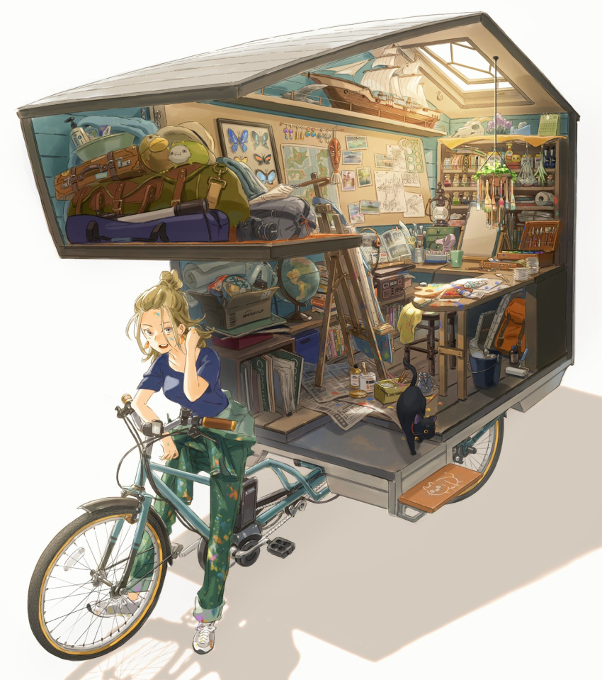 1girl, animal_ears, backpack, bag, bell, bicycle, blonde_hair, blue_shirt