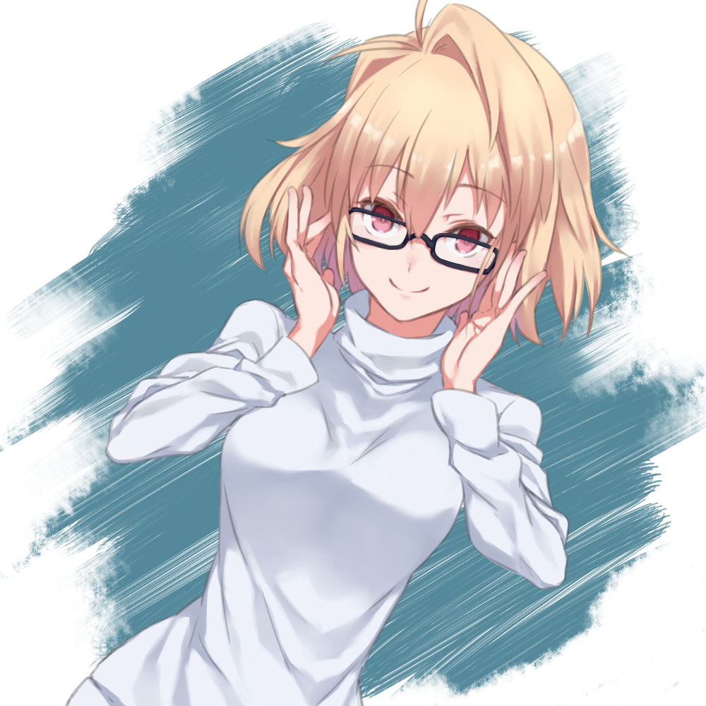 1girl, adjusting_eyewear, ahoge, arcueid_brunestud, auru_t, blonde_hair, breasts, glasses