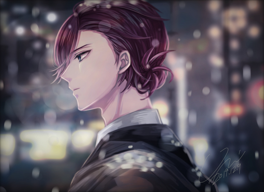 1boy, black_jacket, blurry, brown_hair, dated, hattori_you, highres, jacket, looking_to_the_side, male_focus, night, outdoors, profile, snowing, solo, stand_my_heroes, unhtt0, upper_body