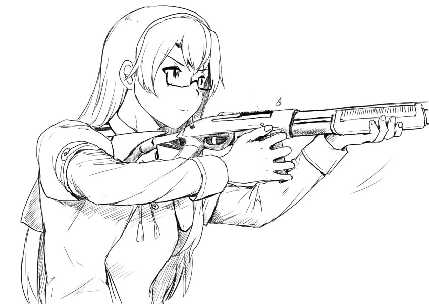 1girl, benelli_m3, from_side, greyscale, gun, highres, kantai_collection, long_hair