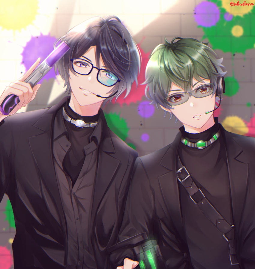 2boys, bangs, black_hair, black_jacket, black_shirt, black_suit, brown_eyes, glasses