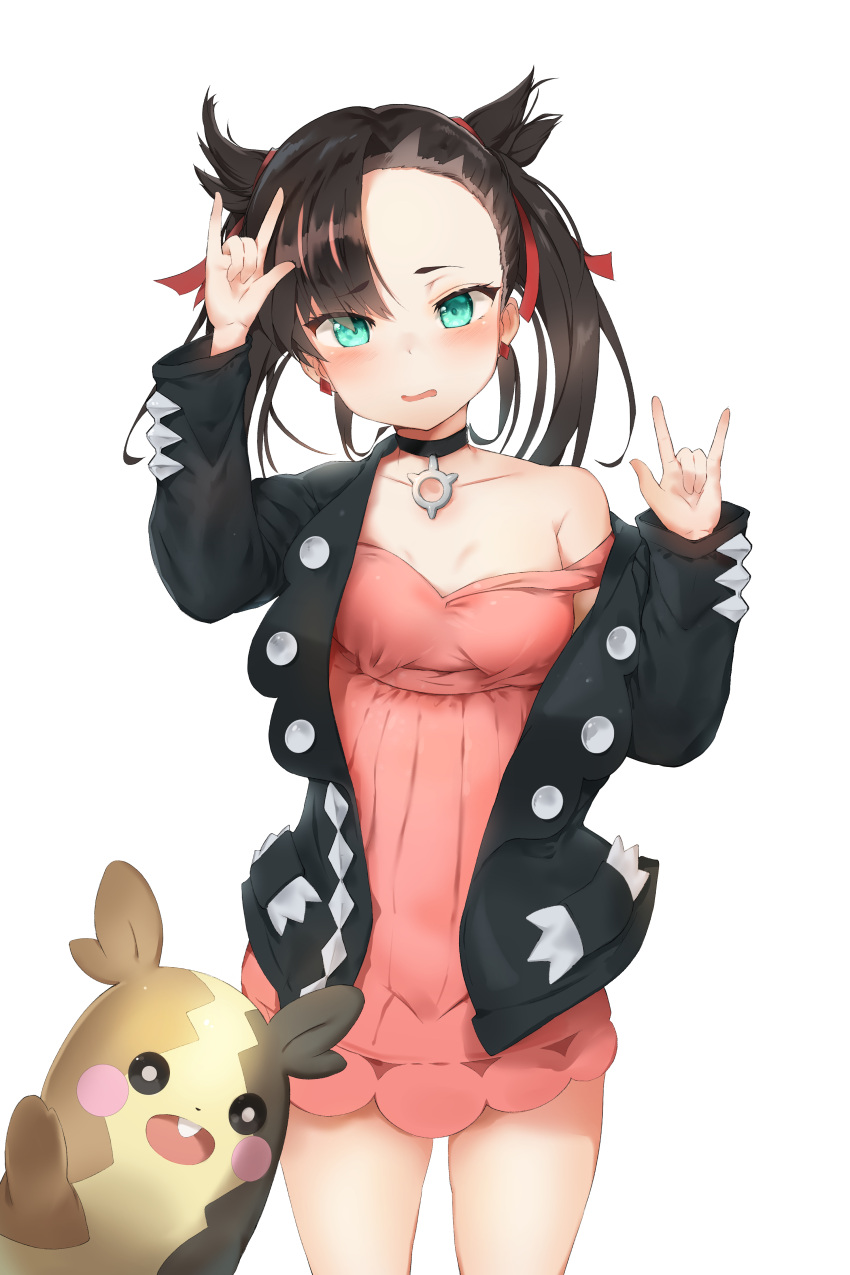 1girl, 21doolybj, absurdres, asymmetrical_bangs, asymmetrical_hair, bangs, black_choker, black_hair, black_jacket, black_nails, blush, breasts, choker, dress, dusk_ball, green_eyes, grey_cardigan, hair_ornament, highres, holding, holding_poke_ball, jacket, mary_(pokemon), morpeko, off-shoulder_jacket, pink_dress, poke_ball, pokemon, pokemon_(game), pokemon_swsh, silver_trim, small_breasts, tam_o'_shanter, team_yell, undercut