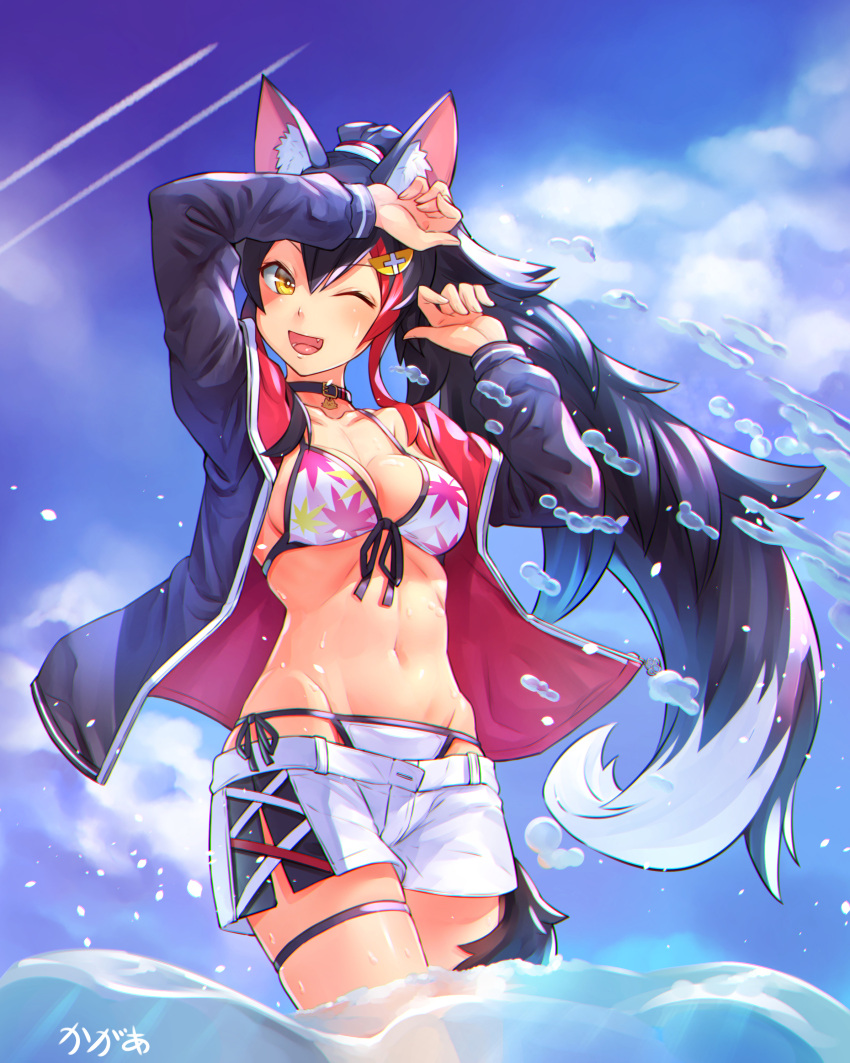 1girl, ;d, absurdres, animal_ears, bikini, black_hair, blazer, blush