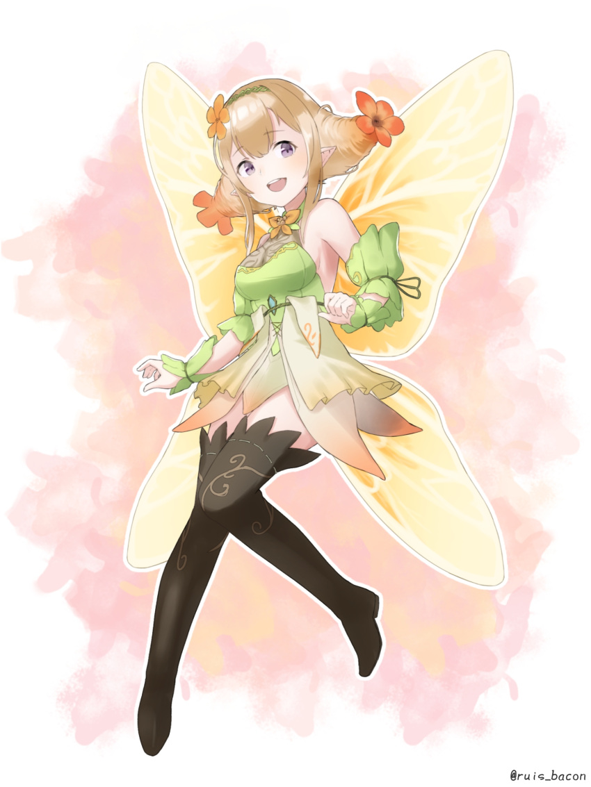 1girl, black_footwear, blonde_hair, boots, dress, fairy_wings, fire_emblem, fire_emblem_heroes, flower, full_body, gradient_hair, hair_flower, hair_ornament, hairband, highres, multicolored_hair, open_mouth, orange_hair, peony_(fire_emblem), pocklepockle25, pointy_ears, short_dress, sleeveless, solo, thigh-highs, thigh_boots, twintails, twitter_username, violet_eyes, wings, zettai_ryouiki