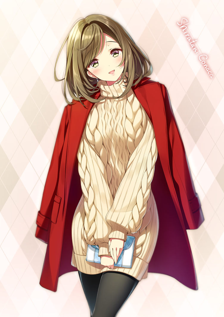 1girl, :d, aran_sweater, argyle, argyle_background, bag, bangs, black_legwear