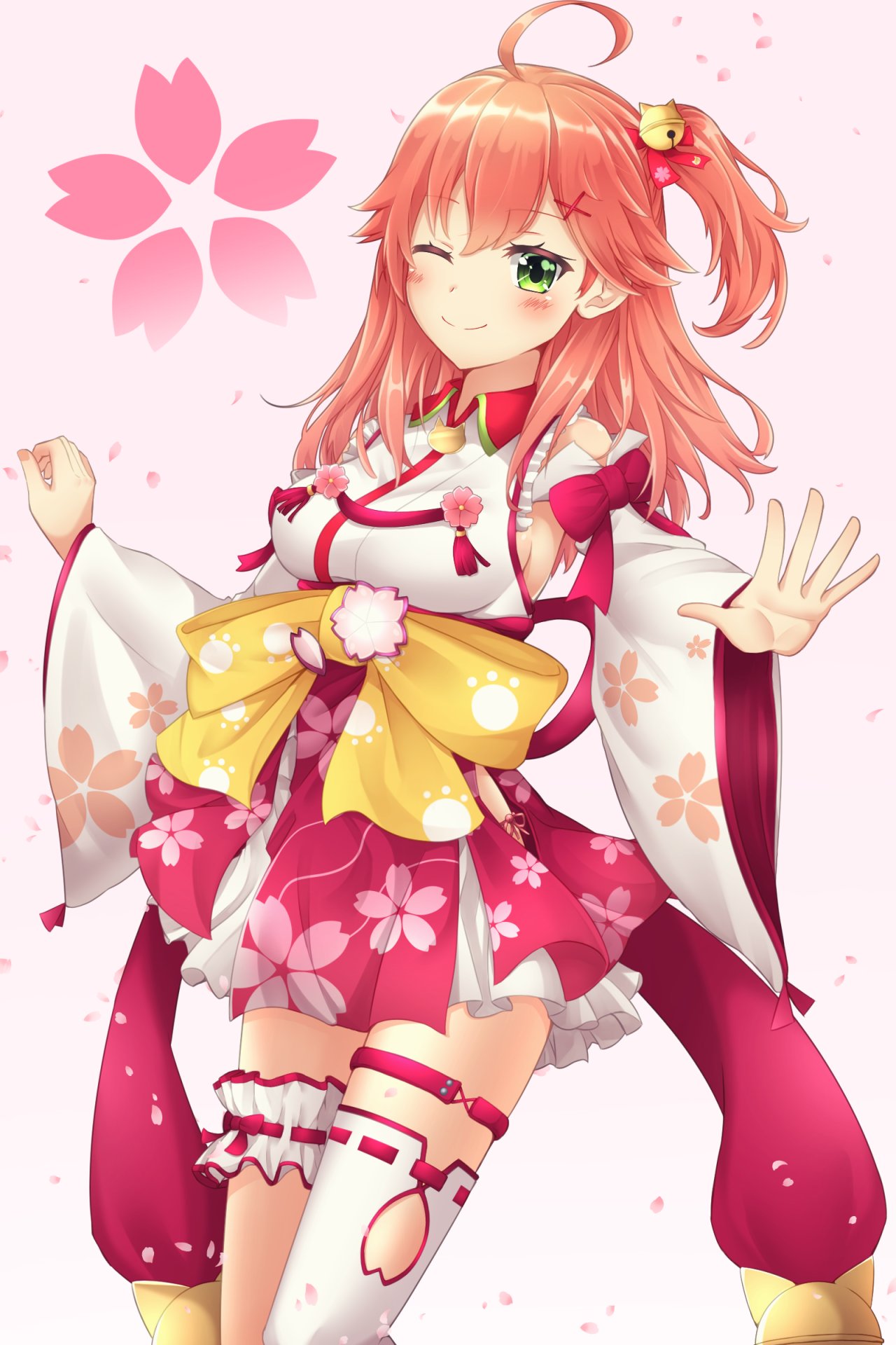 ahoge, bare_shoulders, bell, blush, bow, breasts, cherry_blossoms, closed_mouth