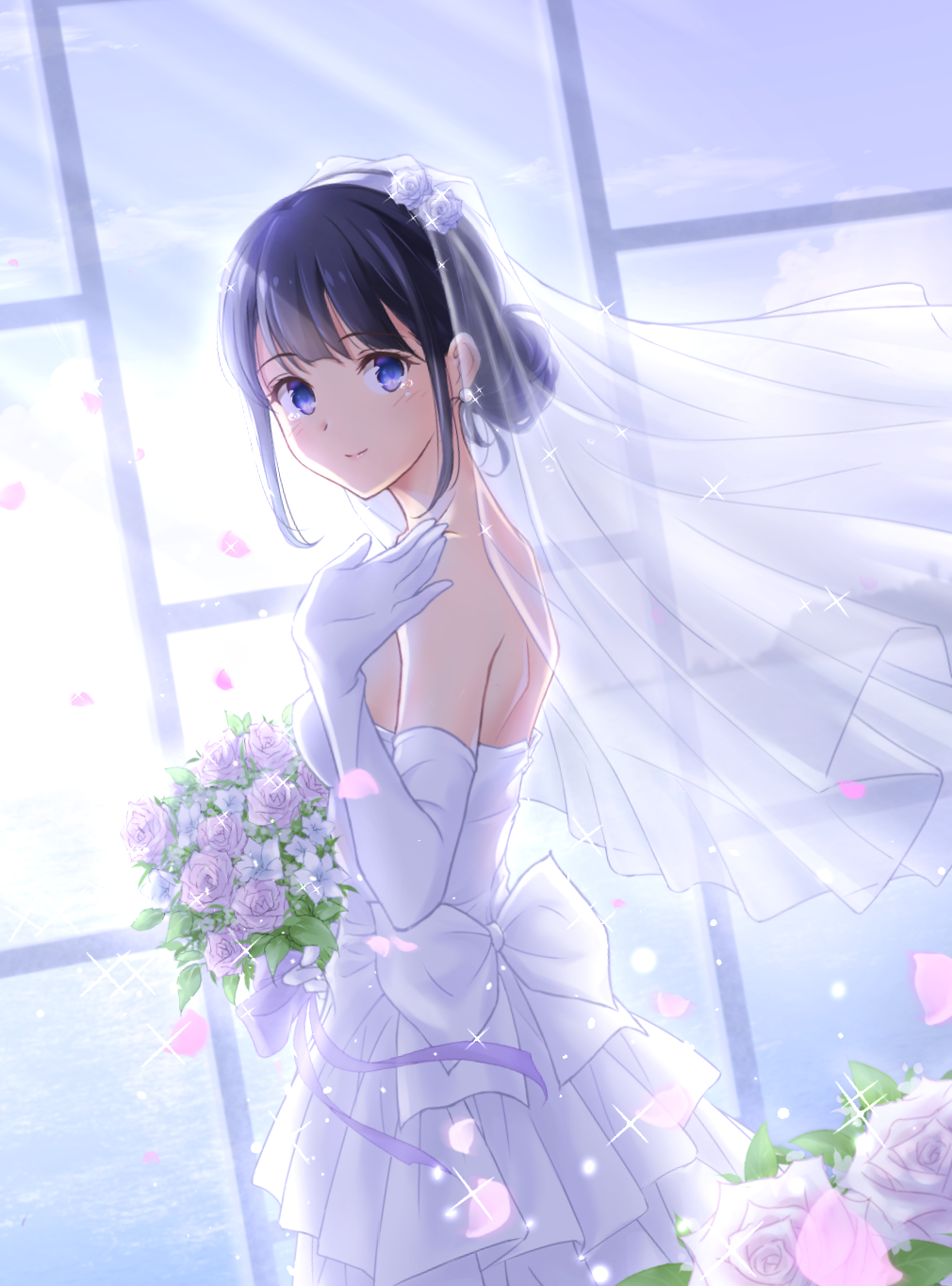 1girl, akizuki565602, backlighting, black_hair, blue_eyes, bouquet, bridal_veil, bride, cowboy_shot, dress, dutch_angle, earrings, elbow_gloves, flower, from_side, gloves, highres, jewelry, looking_at_viewer, makinohara_shouko, purple_flower, purple_rose, rose, seishun_buta_yarou, solo, strapless, strapless_dress, veil, wedding_dress, white_gloves