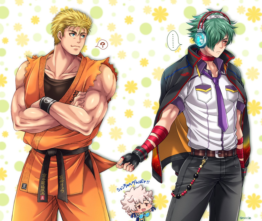 3boys, beads, belt, black_belt, blonde_hair, blue_eyes, crossed_arms, dougi