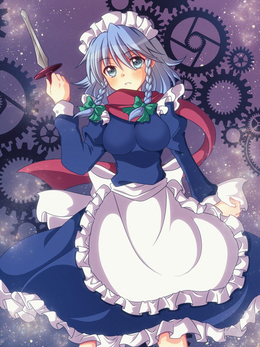 1girl, apron, bangs, blue_dress, blue_eyes, blush, bow, braid