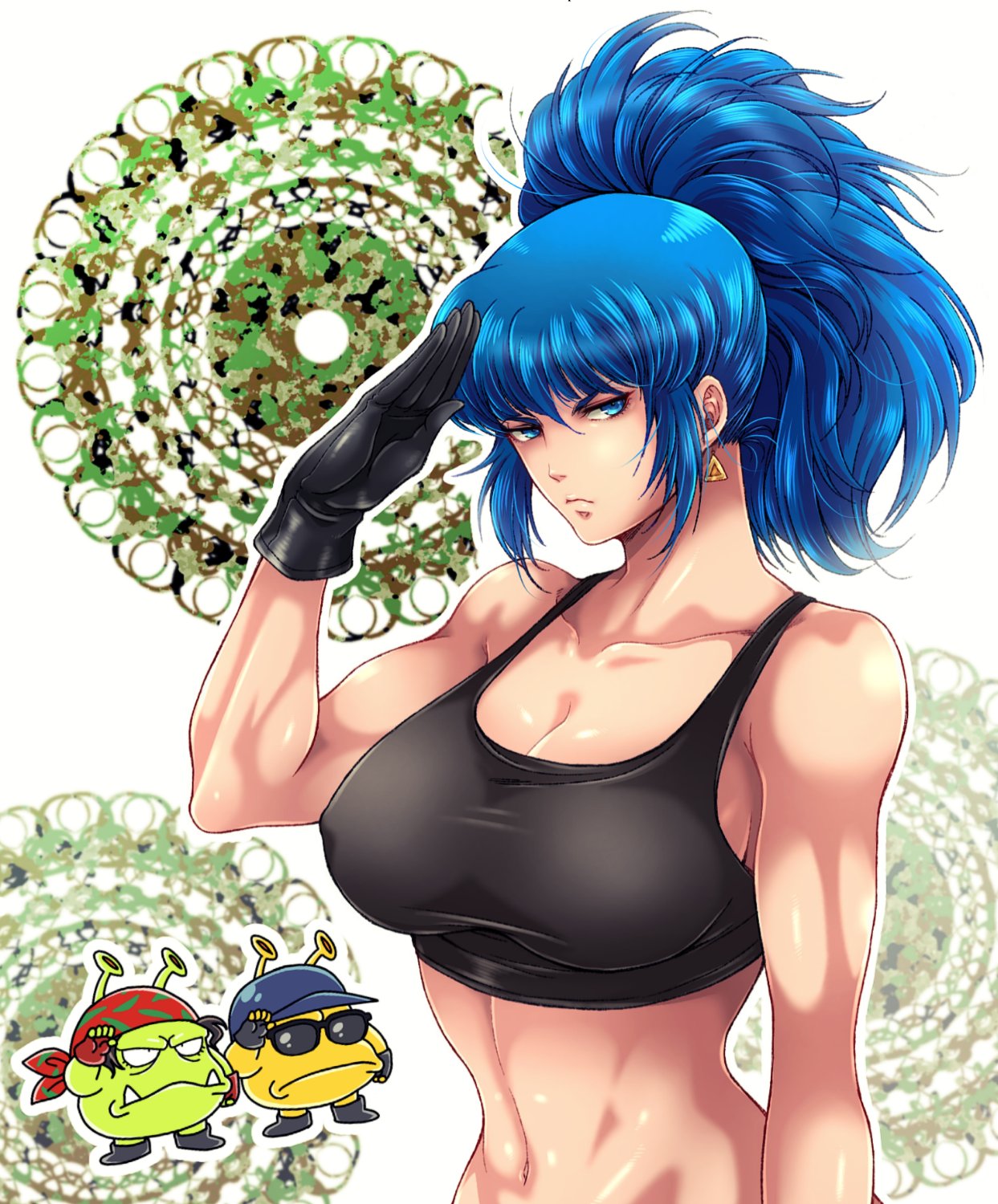 1girl, 2boys, bandana, blue_eyes, blue_hair, clark_still, crop_top, gloves