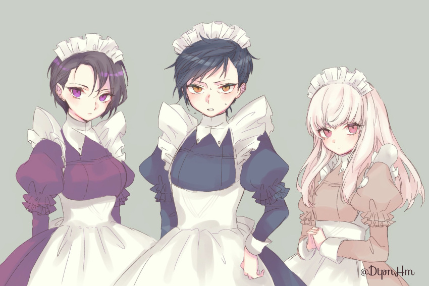 1boy, 2girls, black_hair, clenched_teeth, crossdressinging, dtpnhm, felix_hugo_fraldarius, fire_emblem, fire_emblem:_three_houses, grey_background, hands_clasped, highres, long_hair, long_sleeves, lysithea_von_ordelia, maid, maid_headdress, multiple_girls, own_hands_together, pink_eyes, shamir_nevrand, short_hair, simple_background, teeth, twitter_username, violet_eyes, white_hair