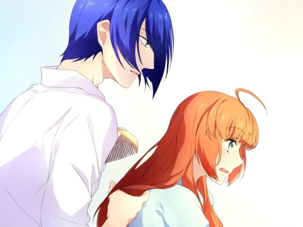 1boy, 1girl, ahoge, aigisaki_kohana, aqua_eyes, bangs, blue_eyes, blue_hair
