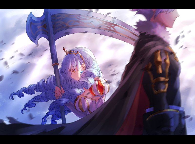 1boy, 1girl, angeline, black_cape, blue_earrings, blurry_foreground, breasts, cape
