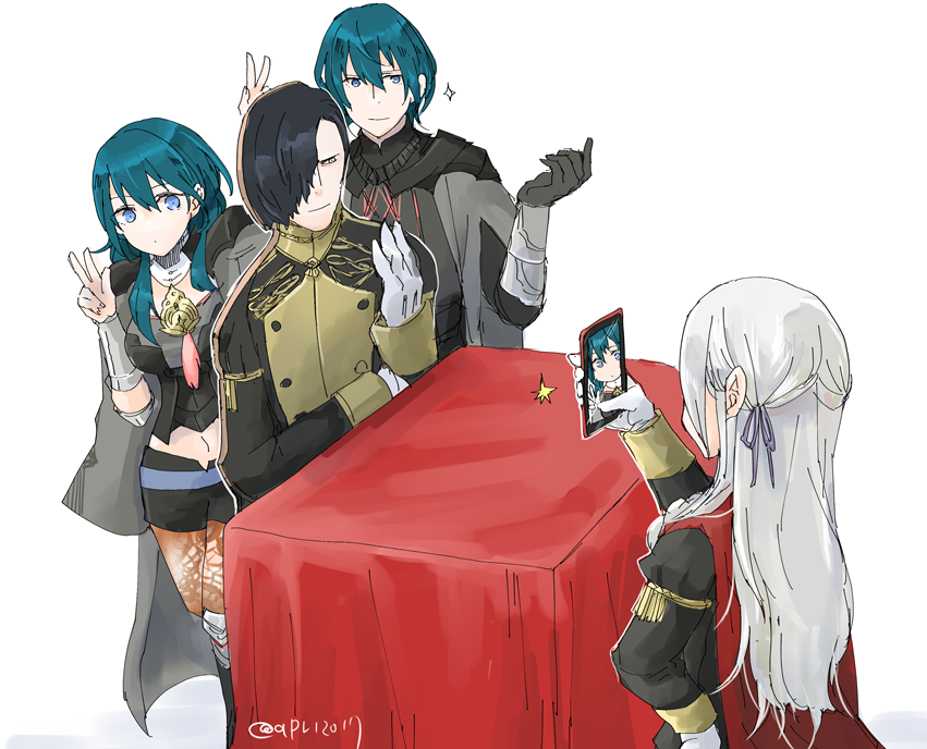 1boy, 2girls, armor, black_cape, black_gloves, black_shorts, blue_eyes, blue_hair