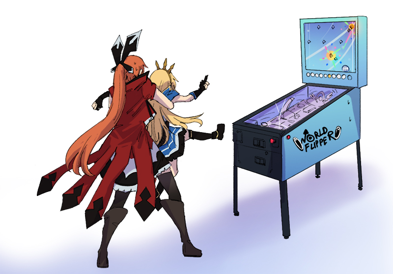 2girls, blonde_hair, boots, bow, cagliostro_(granblue_fantasy), clarisse_(granblue_fantasy), from_behind, grabbing