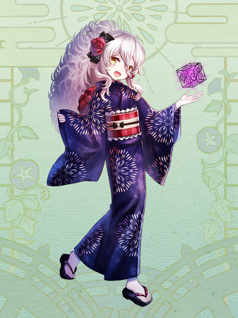 1girl, :d, blue_background, blue_kimono, braid, commission, cube, dairoku_youhei