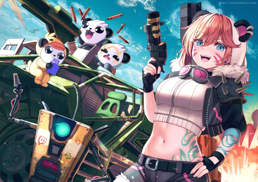 :d, animal, animal_ears, animal_hood, belt, black_gloves, black_shorts, blue_eyes, blue_sky, borderlands, breasts, claptrap, clouds, crack, crop_top, cutoffs, day, dragon, dutch_angle, earrings, facial_mark, fake_animal_ears, fingerless_gloves, fur_trim, gloves, goggles, goggles_around_neck, gun, hand_on_hip, hand_up, handgun, highres, holding, holding_gun, holding_weapon, hood, jewelry, jpeg_artifacts, juice_box, large_breasts, looking_at_viewer, medium_hair, midriff, nail_polish, navel, open_mouth, orange_hair, original, outdoors, panda, robot, samantha_(admiral_bahroo), saruei, shell_casing, shirt, short_shorts, shorts, shoulder_armor, siren_(borderlands), sky, smile, spaulders, spikes, stomach, stomach_tattoo, sunlight, tattoo, twitch.tv, twitch_username, umeru_(admiral_bahroo), vehicle, weapon, white_shirt, zipper