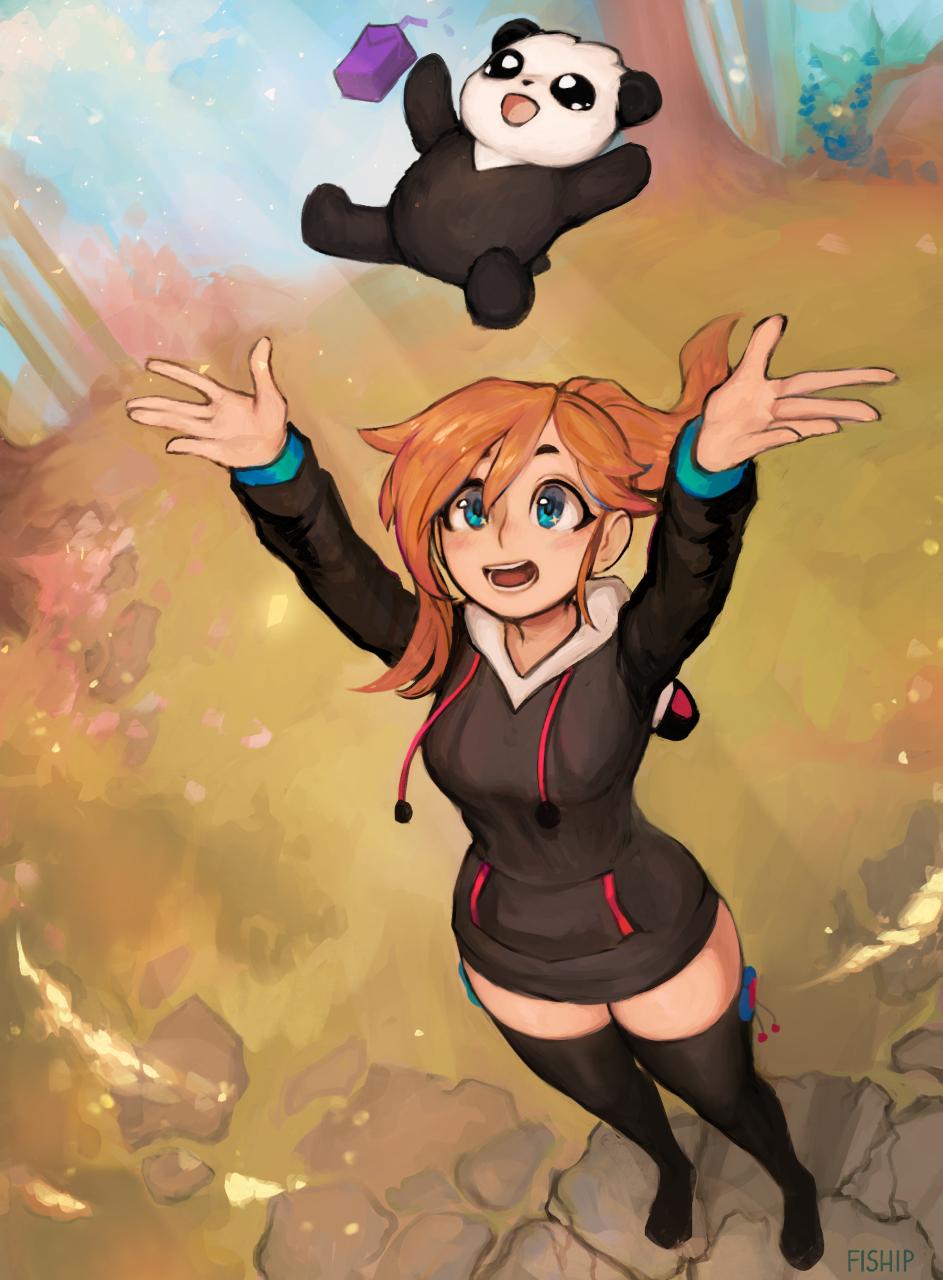 1girl, :d, animal, arms_up, artist_name, black_footwear, black_hoodie, blue_eyes