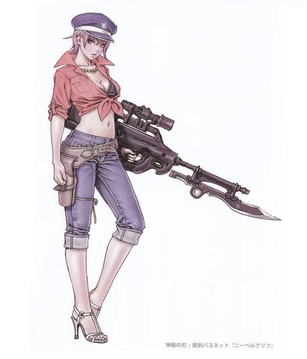 breasts, bullpup, bullpup_rifle, capri_pants, cleavage, denim, feet, front-tie_top, green_eyes, gun, hat, high_heels, holster, huge_weapon, jeans, jewelry, jpeg_artifacts, knife, lipstick, midriff, navel, necklace, nida_schuetlitch, peaked_cap, pink_hair, purple_hair, rifle, scope, shoes, short_hair, shuraki, sleeves_rolled_up, solo, standing, thigh_holster, tied_shirt, weapon, yamashita_shun'ya, yamashita_shunya