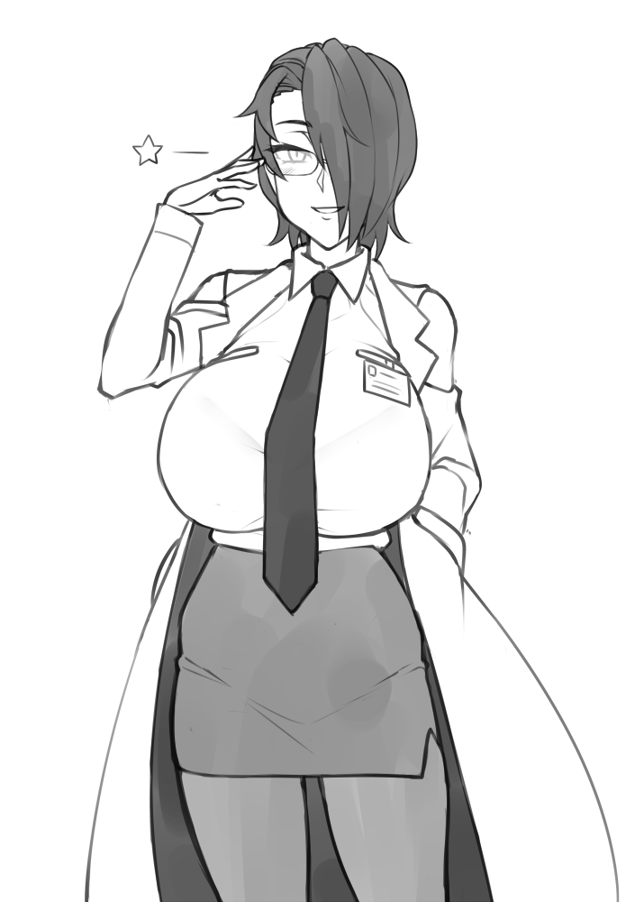 1girl, :d, badge, breasts, commentary, english_commentary, eyebrows_visible_through_hair, glasses