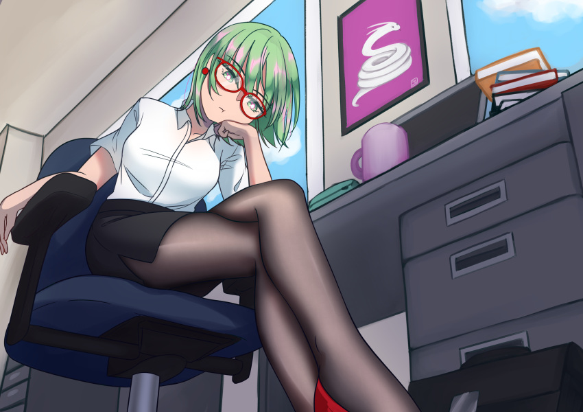 1girl, alternate_costume, bangs, breasts, crossed_legs, earrings, english_commentary, eyebrows_visible_through_hair, glasses, green_eyes, green_hair, hand_on_own_cheek, highres, jewelry, light_green_hair, miniskirt, nyoomdoesstuff, pantyhose, phonon_(under_night_in-birth), shirt, short_hair, skirt, solo, teacher, under_night_in-birth