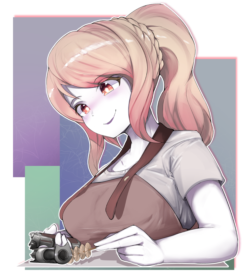 1girl, apron, blonde_hair, blush, braid, brown_apron, cleaning, commentary