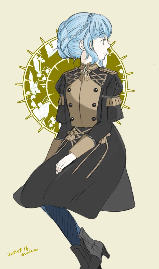 1girl, blue_hair, braid, breasts, brown_eyes, closed_eyes, closed_mouth, crossed_legs