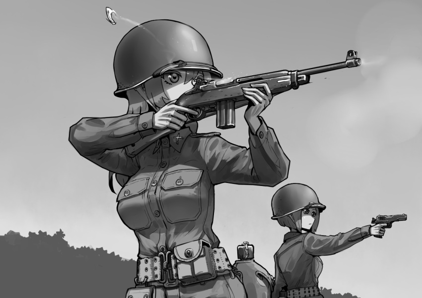 2girls, canteen, casing_ejection, erica_(naze1940), gun, handgun, helmet, holding