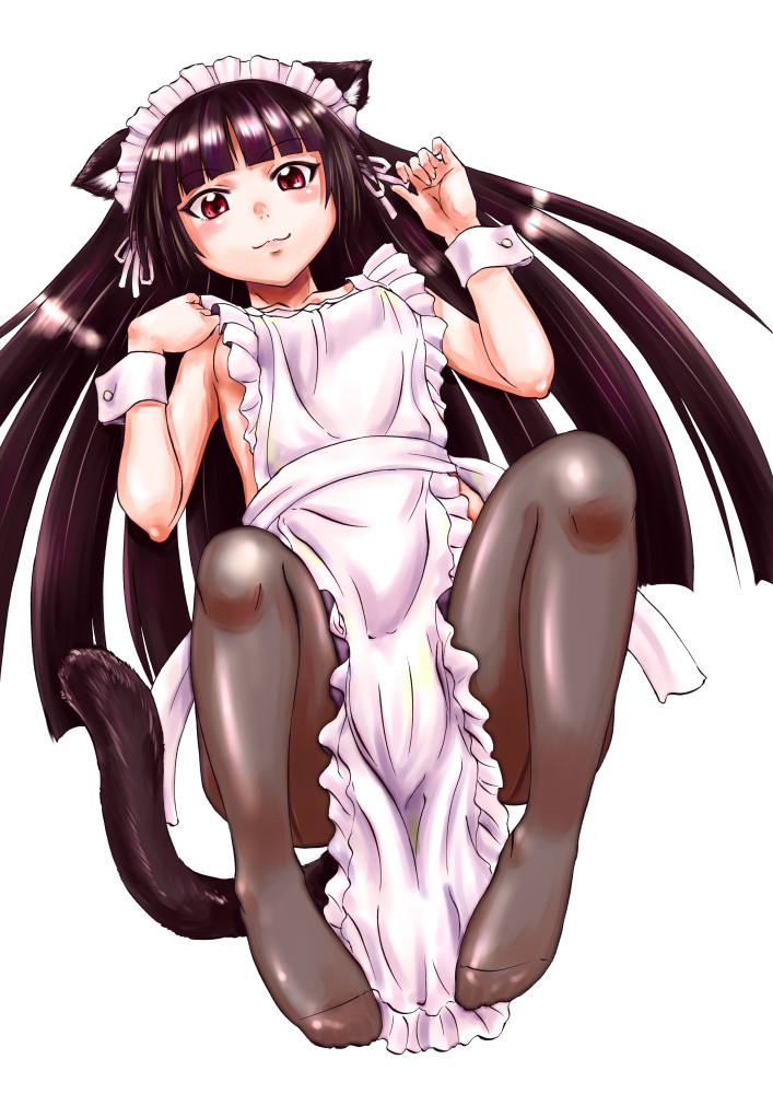 1girl, apron, black_hair, black_legwear, blush, breasts, gate_-_jieitai_ka_no_chi_nite_kaku_tatakaeri, hime_cut