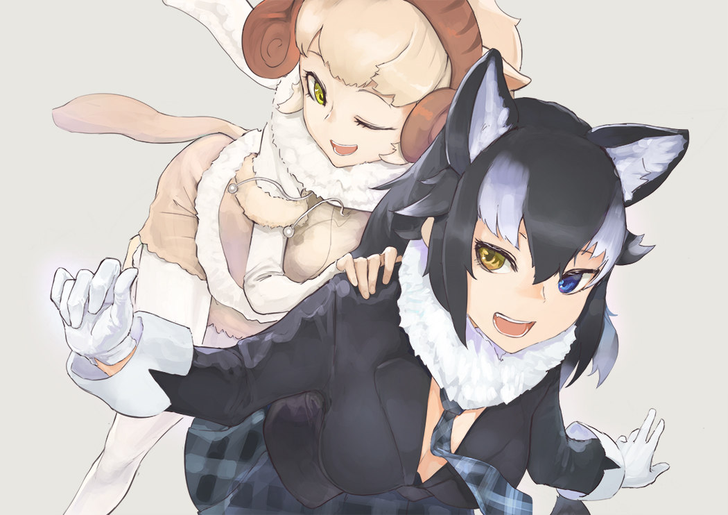 2girls, :d, ;d, animal_ears, bangs, black_hair, blazer, blue_eyes