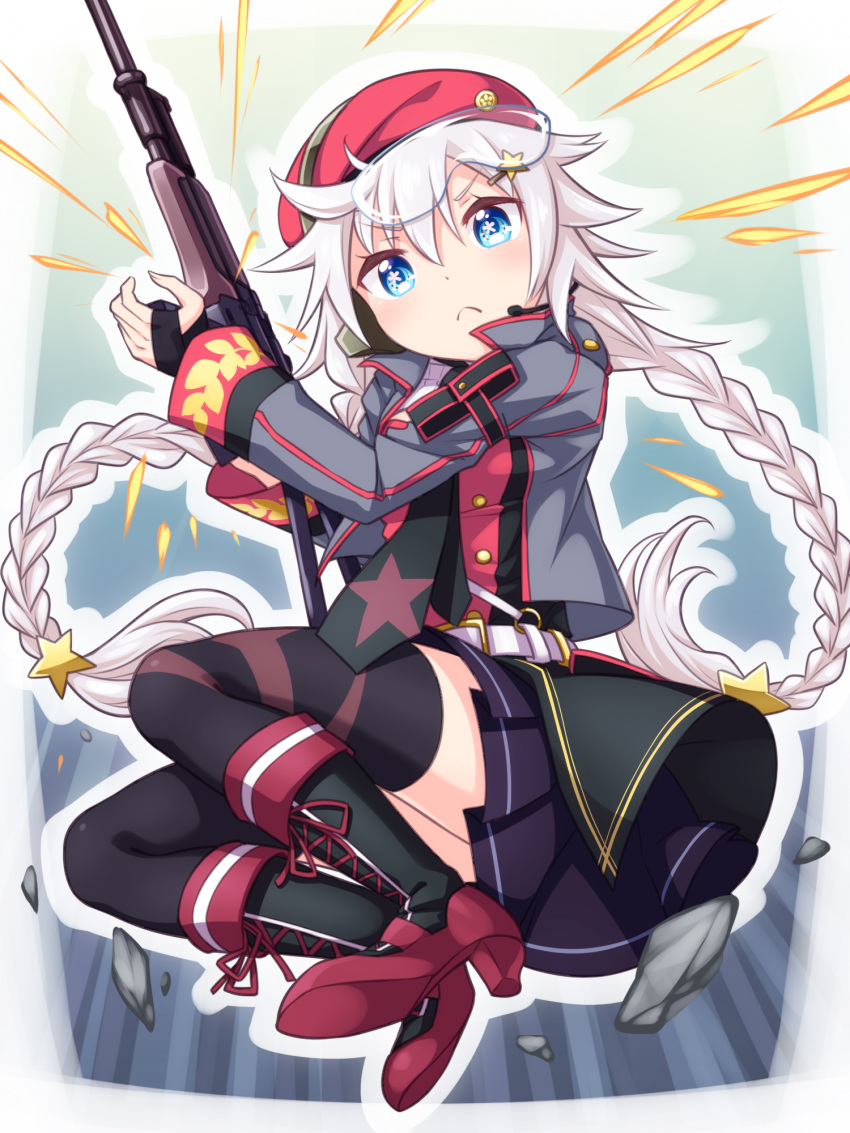 +_+, 1girl, :<, bangs, belt, beret, black_gloves, black_legwear