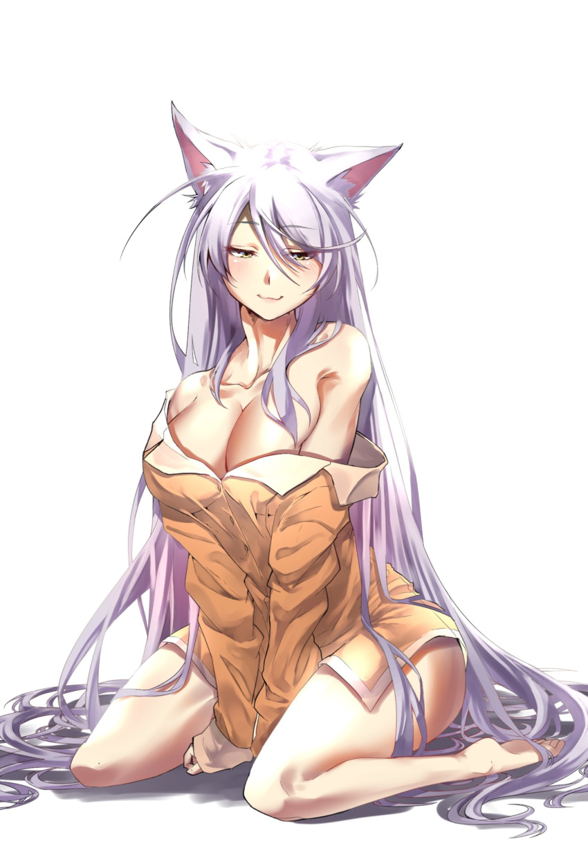 1girl, :3, animal_ears, bakemonogatari, bare_shoulders, barefoot, black_hanekawa, breasts
